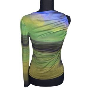 Zara Womens Printed Tulle Asymmetric Top Green Mesh Sheer Abstract Y2K 2000s - S
